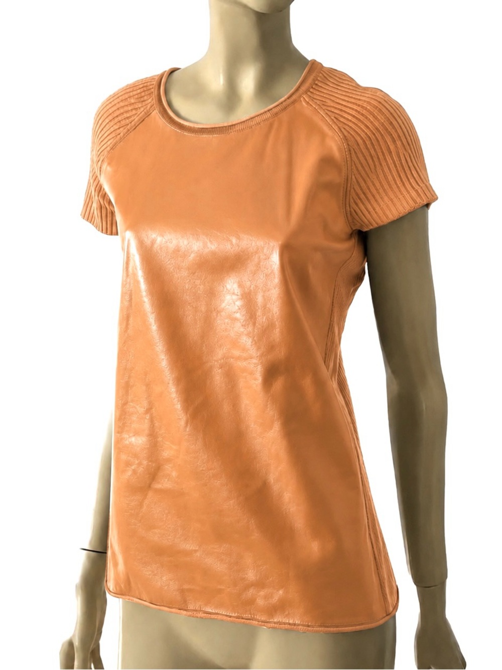 REED KRAKOFF ORANGE LEATHER CASHMERE COMBO RAGLAN SLEEVE TOP BLOUSE  SIZE S
